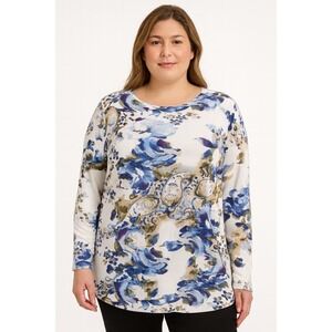Chico's women's 2 (US L) Blouse Top Multicolor floral round neck long sleeves